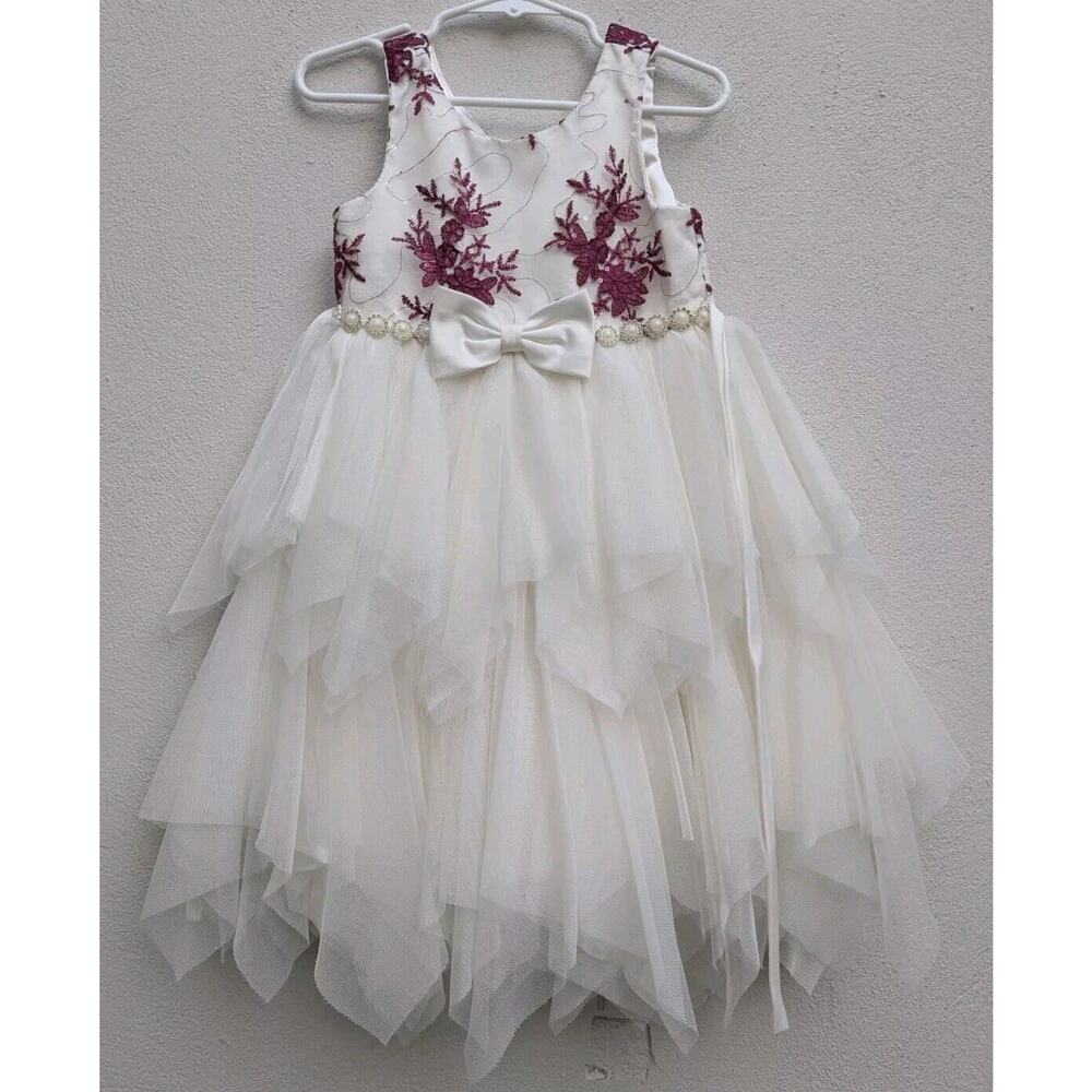 Couture Princess Tulle Sleeveless Formal Dress Girls Burgundy Ivory Bow Size 3T